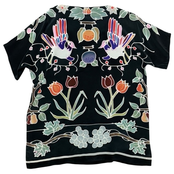 Vintage Art Waves Silk Floral Printed Tropical Bird Tunic, Oversized Small - Picture 9 of 11